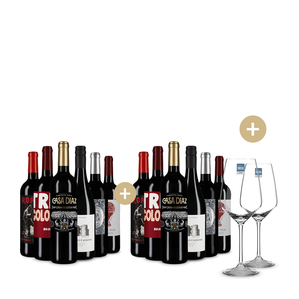 6+6 бутилки: Испански червено вино- хитове + 2 чаши за вино – Gold