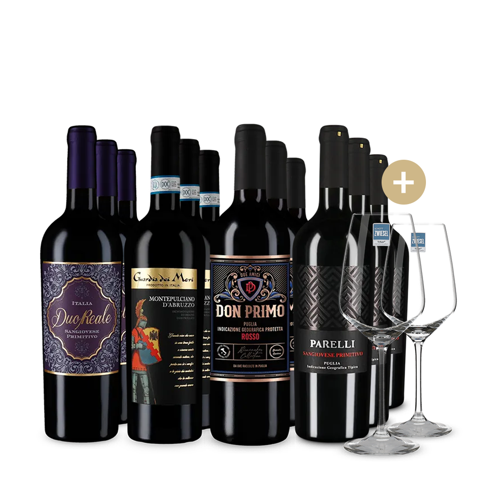 Италиански червени вина звезди в пакет 4x3 бутилки + 2 чаши за вино – Gold