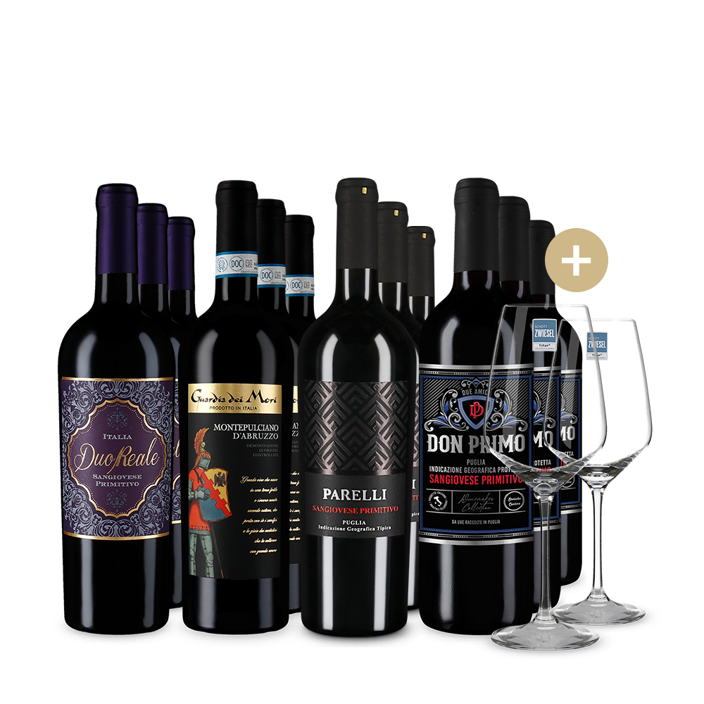 Италиански червени вина звезди в пакет 4x3 бутилки + 2 чаши за вино – Gold