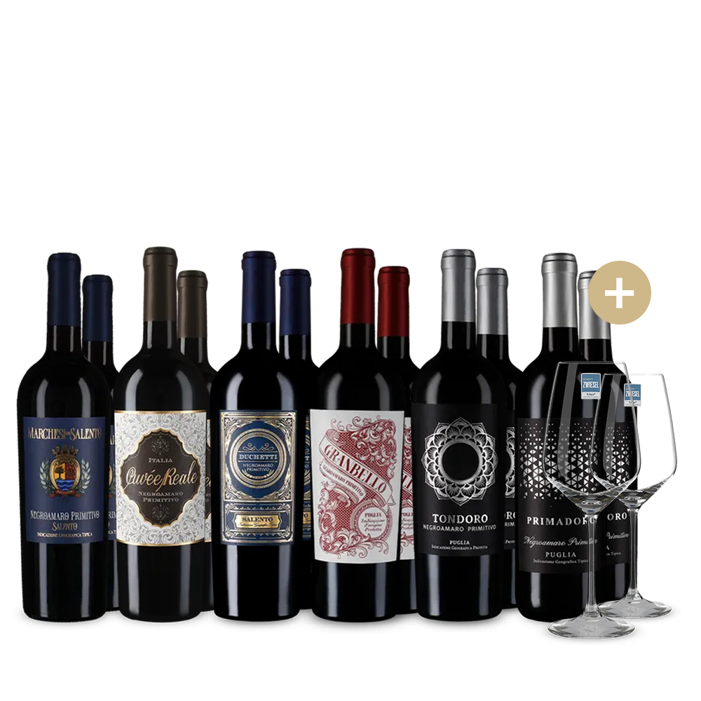 Перфектното съвпадение: Апулийски Кювета в пакет 6x2 + 2 чаши за вино – Gold