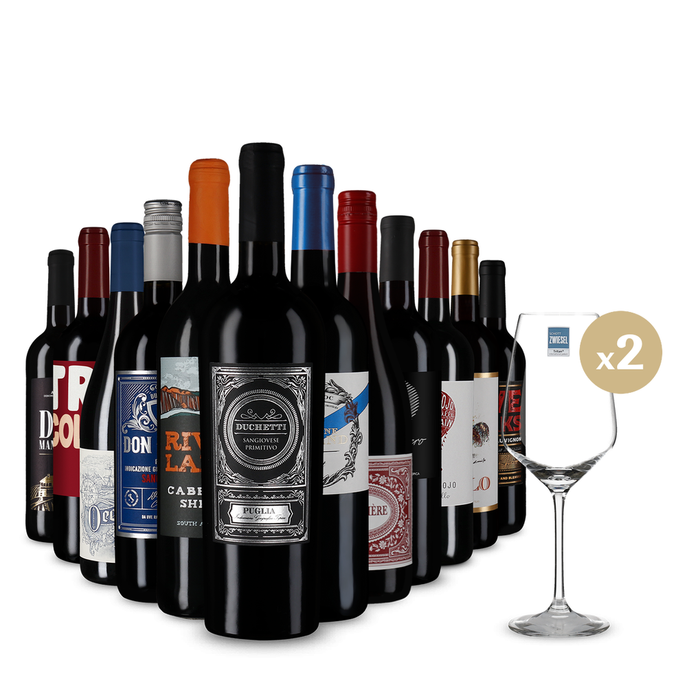 Червено вино-световно пътешествие в пакет с предимства с 12 бутилки + 2 чаши за вино – Gold