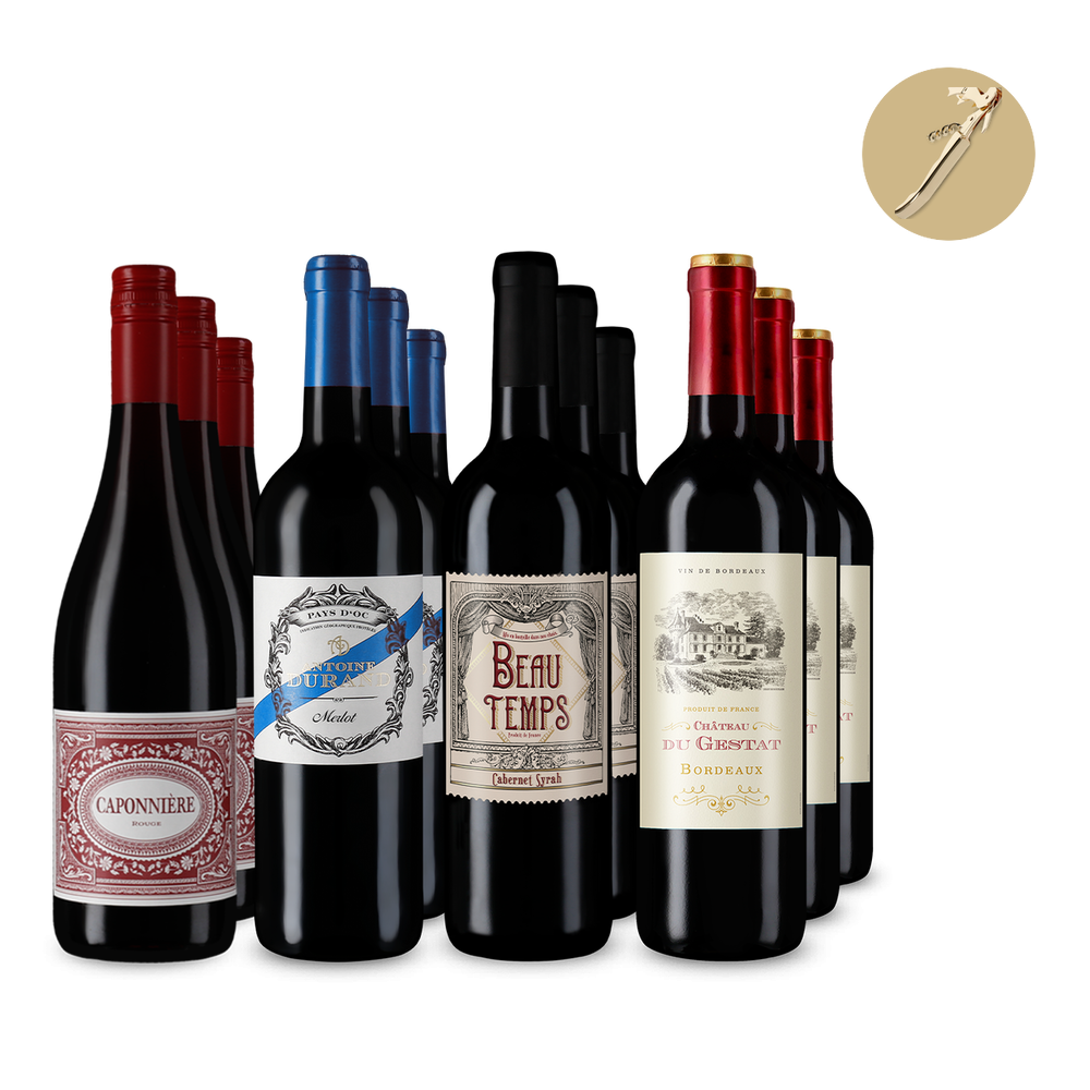 Френски червено вино звезди в пакет 4x3 + златен келнерски нож – Gold