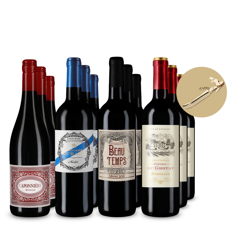 Френски червено вино звезди в пакет 4x3 + златен келнерски нож – Gold