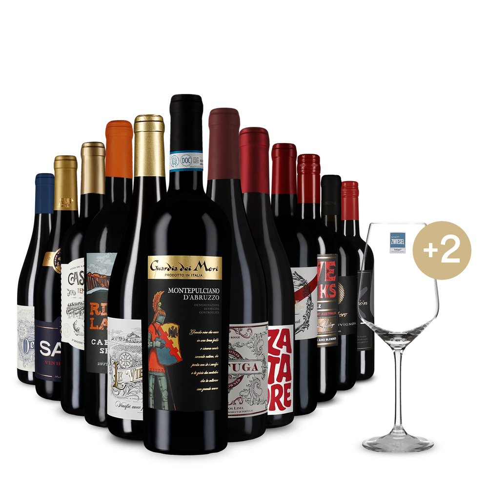 Международно червено вино- звезди в пакет с 12 бутилки + 2 чаши за вино